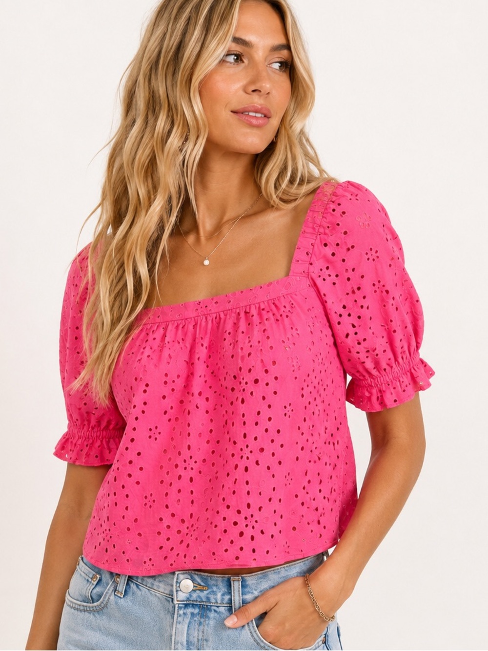 1.STATE Pink Eyelet Puff Sleeve Blouse M